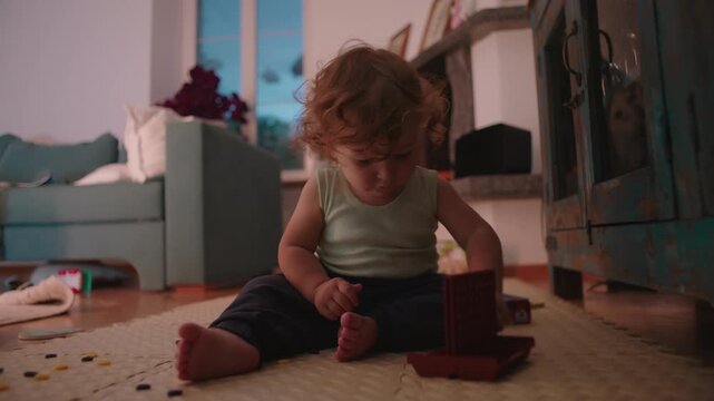 Toddler sitting on floor lifting toy game and watching pieces fall showing curiosity cause and effect learning and playful discovery during quiet independent play at home
