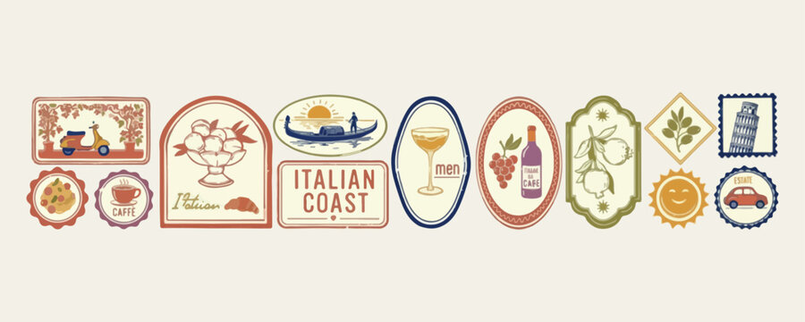 Italian coast travel badges set, amalfi coast and positano stickers, vintage mediterranean vacation labels art, italian summer holiday travel vectors, coastal tourism and drink graphics, nostalgic ita