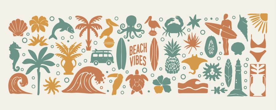 Beach vibes and ocean life icons, summer vacation coastal nature graphics, tropical sea animal and surfing vectors, nostalgic holiday travel beach illustrations, nautical elements and shell icon set, 