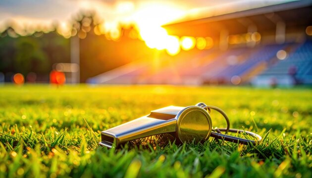 Metal referee whistle lying on green grass of empty sports stadium at sunset during FIFA World Cup preparation for football match kickoff