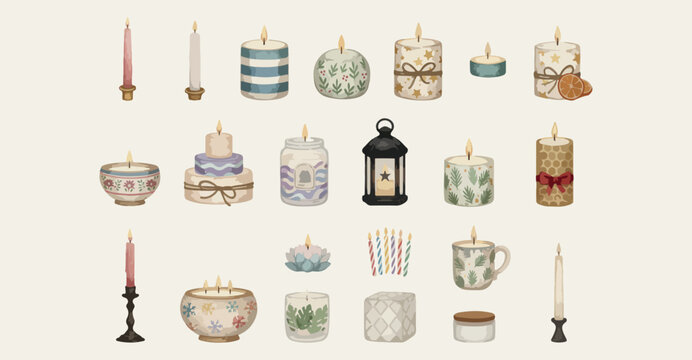 Scented candles and home spa, relaxing aromatherapy and wellness illustration, decorative candle jars and light, cozy interior and self care doodle, meditation and relaxation vector art, boutique cand