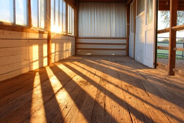 Fototapeta premium Sunlight Casting Shadows on Rustic Wooden Interior of a Dairy Farm Building in Countryside