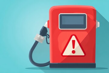 Fototapeta premium Red Fuel Pump with Warning Sign and Information Display against Light Blue Background