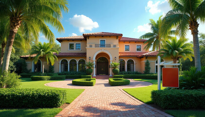 Fototapeta premium Luxury house with for sale sign in front yard. Large estate home surrounded by palm trees green lawn and brick pathway. Residential property is ready for new owners in sunny weather.