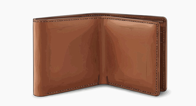 An open, empty brown leather wallet, signifying financial security or lack thereof. The wallet has a polished finish and neat stitching. in white background.