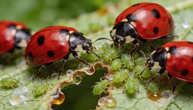 Ladybird beetles on infested leaf with multiple insects feeding among green aphid colonies