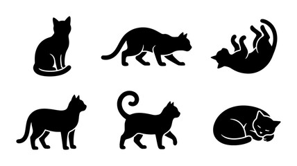 Black cat silhouette collection, set of 6 feline vector icons in various poses, minimalist domestic cat shapes for pet branding and logo design © Kamruz