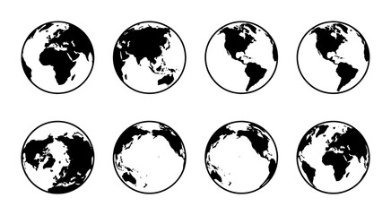 Minimalist world globe icons set, 8 black and white earth map vectors, global geography planet earth symbols for logistics and travel business © Kamruz