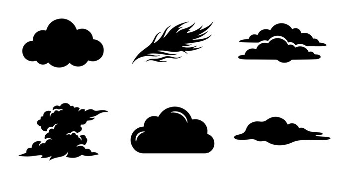 Black cloud silhouettes and feather icon set, minimalist weather symbols vector collection, dark sky elements for graphic design and logo creation