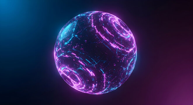 Abstract glowing sphere with neon purple and blue light trails, representing a digital planet, data core, or futuristic energy source
