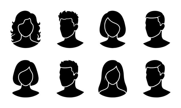 Minimalist human avatar silhouettes, set of 8 diverse male and female profile icons, black head and shoulder portraits for user interface design