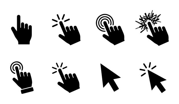 Minimalist computer cursor icon set, black hand pointer and arrow clicker symbols, collection of 8 vector UI elements for web navigation and digital interfaces