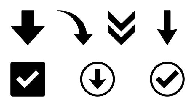 Black arrow icon set with checkmarks, minimalist directional pointer collection, download and navigation symbols for web interface design