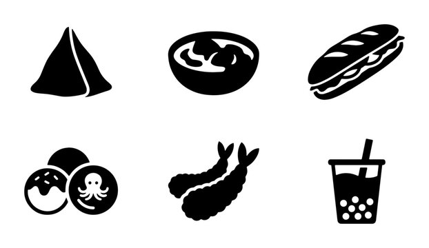 Minimalist street food icons set, black solid vector symbols of takoyaki and tempura, asian cuisine and fast food snacks for restaurant menu design