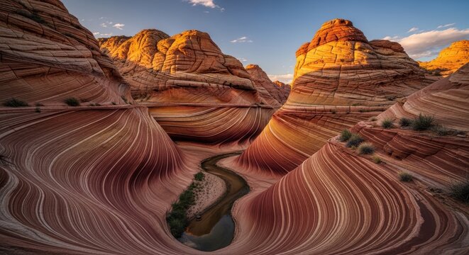 A serene landscape of red rock formations with a winding stream under a blue sky