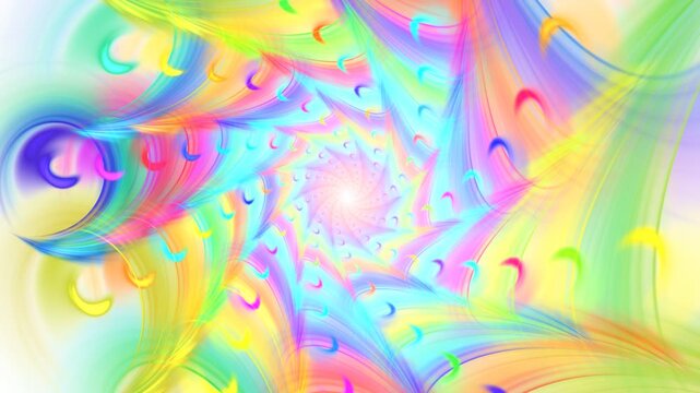Combination of multicolored small spirals revolving around center, combining on white. Fractal colorful background metamorphoses, whirling. Abstract vivid shapes changes, rotation. 4K UHD 4096x2304