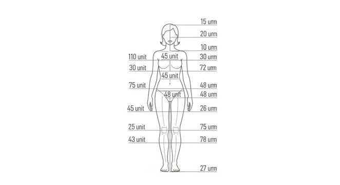 Human body measurement diagram with lines and labels.