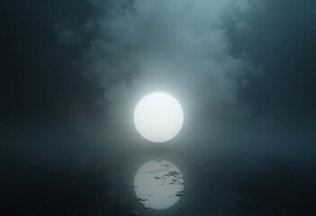 Obraz premium A serene and mysterious nighttime scene with a full moon shining through the fog