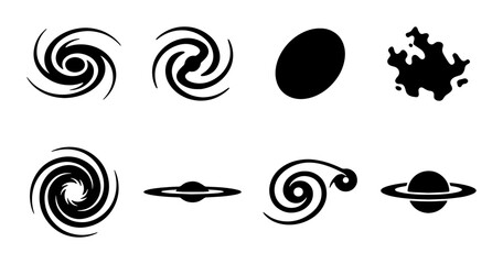 Minimalist galaxy icons set, black spiral nebula and planet silhouettes, 8 celestial space vector elements for scientific diagrams and cosmic branding © Shimu