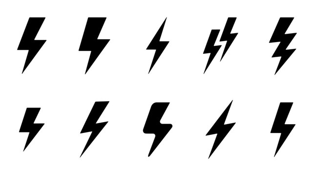 Lightning bolt icon set, black thunderbolt symbols for energy and power, 10 electric flash vector elements for logo design and interface UI