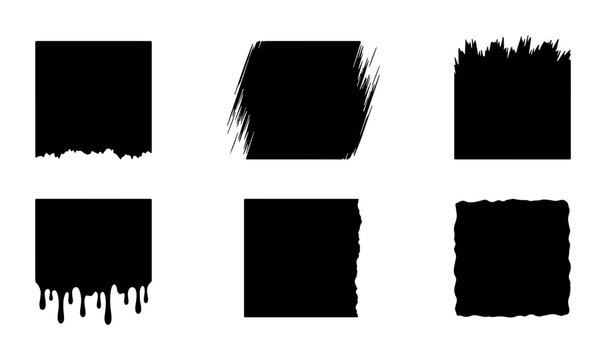 Grunge black ink brush strokes, set of 6 textured square paint frames, dripping liquid and distressed border vector elements for graphic design