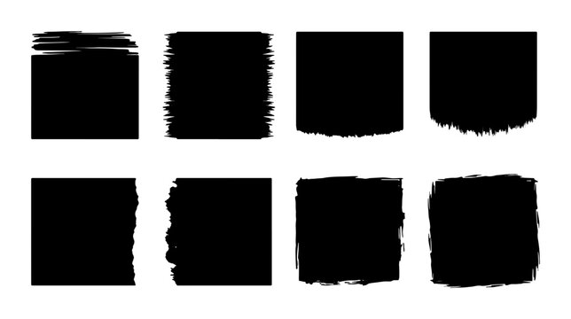 Grunge black brush strokes set of 8 vector squares, distressed ink paint textures, rough charcoal border frames for graphic design