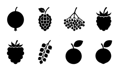 Black berry fruit icons set, minimalist berry silhouette vector collection, 8 organic berry symbols for food packaging and healthy lifestyle branding © Hamidur