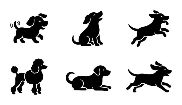 Cute dog silhouette icons set, black puppy vector graphics in various poses, 6 cartoon pet animal illustrations for veterinary and pet shop branding