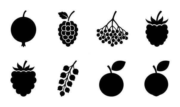 Black berry fruit icons set, minimalist berry silhouette vector collection, 8 organic berry symbols for food packaging and healthy lifestyle branding