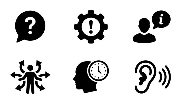 Minimalist information and support icon set, black vector symbols for customer service, help desk and user assistance interface design