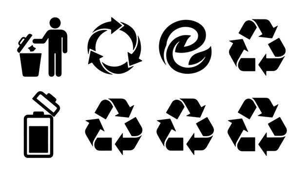 Recycle symbol icon set, black environmental waste management signs, 8 eco-friendly sustainability vector elements for packaging and sorting