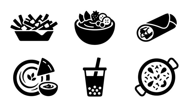 Modern food icons set, black solid vector symbols of poutine, acai bowl, burrito, hummus, boba tea and paella, restaurant menu graphic elements