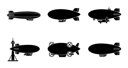 Vintage blimp silhouette set, 6 airship vector icons, retro dirigible and zeppelin transport symbols, black steampunk flying vehicle collection © Faria