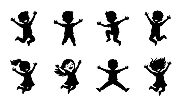 Happy jumping children silhouettes, set of 8 joyful kids jumping and playing, black vector child figures in motion, energetic youth celebration icons