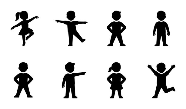 Minimalist children silhouettes set, black vector icons of boys and girls in active poses, flat human figures for educational infographics and web design