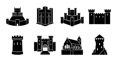 Medieval castle silhouette icons, set of 8 black fortress and tower vector illustrations, ancient stone stronghold and citadel architecture symbols © Faria