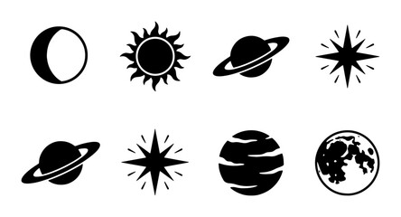 Celestial space icons set, black minimalist astronomy symbols, 8 vector elements featuring sun moon planets and stars, mystical galaxy graphics © Faria