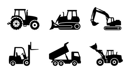 Heavy machinery construction vehicle icons set, black silhouette industrial equipment collection, 6 vector illustrations of excavator and truck © Faria