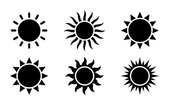 Minimalist sun icon set, black solar symbols collection with 6 vector elements, flat weather and summer sunshine graphics for web design
