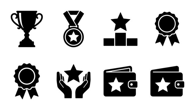 Achievement and reward icons set, black trophy and medal vector elements, 8 success and loyalty program symbols for business and gamification