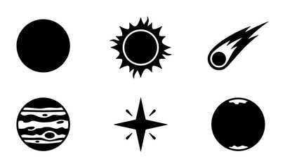 Minimalist celestial space icons set, black silhouette planet and star symbols, 6 vector astronomical elements for science and education design © Shahin