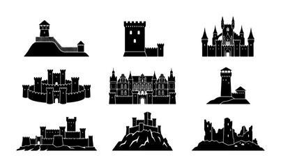 Medieval castle silhouette icons, set of 9 ancient fortress and palace vector illustrations, black stone citadel and royal chateau symbols © Shahin
