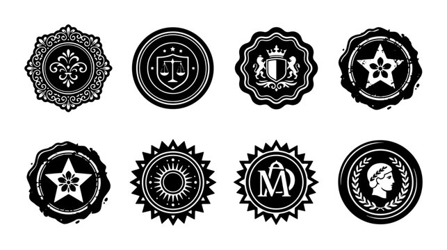 Vintage heraldic seal collection, 8 black wax stamp vector icons, classic luxury emblem set with fleur de lis and laurel wreath symbols