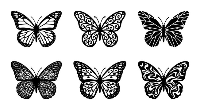 Black butterfly silhouettes set, 6 decorative insect vector icons, ornate butterfly wing patterns for laser cutting and vinyl decals