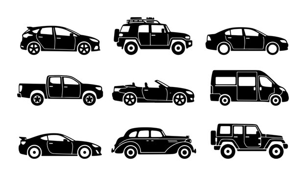 Black car silhouette icons set, automotive vehicle side view collection, 9 transport vector symbols including sedan, suv, truck and van for web design