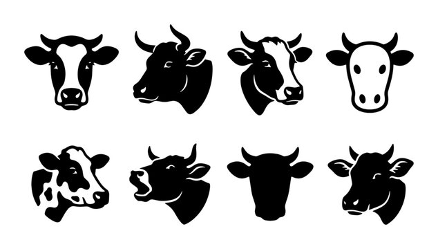 Cow head silhouette vector set, 8 black and white cattle icons, dairy farm livestock portraits, rustic bull and heifer logo elements for organic milk branding