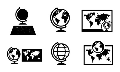 World globe and map icon set, black earth sphere vector collection, 6 geography and travel navigation symbols for education and logistics © Shahin