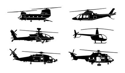 Military and civilian helicopter silhouettes, set of 6 aircraft vector icons, black aviation transport symbols for logistics and defense designs © Shahin