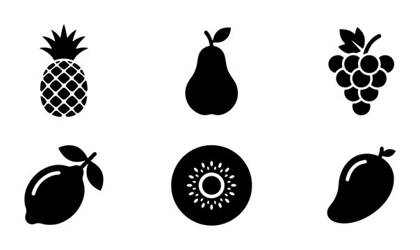 Minimalist black fruit icon set, collection of 6 flat vector fruit symbols, pineapple pear grape lemon kiwi and mango silhouettes for grocery apps