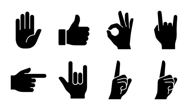 Black hand gesture icons set, 8 human hand silhouette symbols, thumbs up and pointing finger vector graphics, communication sign language collection